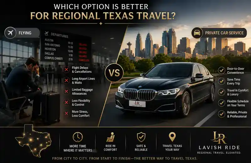 Split-screen comparison of regional Texas travel showing stressful flight delays versus luxury BMW 7 Series private car service with Lavish Ride branding, highlighting comfort, flexibility, privacy, and reliable door-to-door transportation.